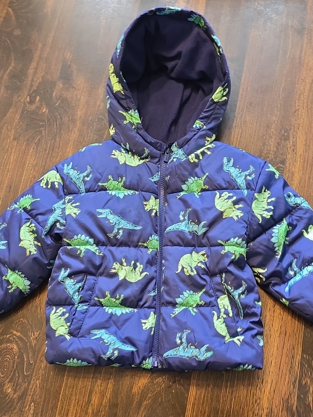 Old Navy Navy Puffer Jacket with Green & Teal Dinosaur Print